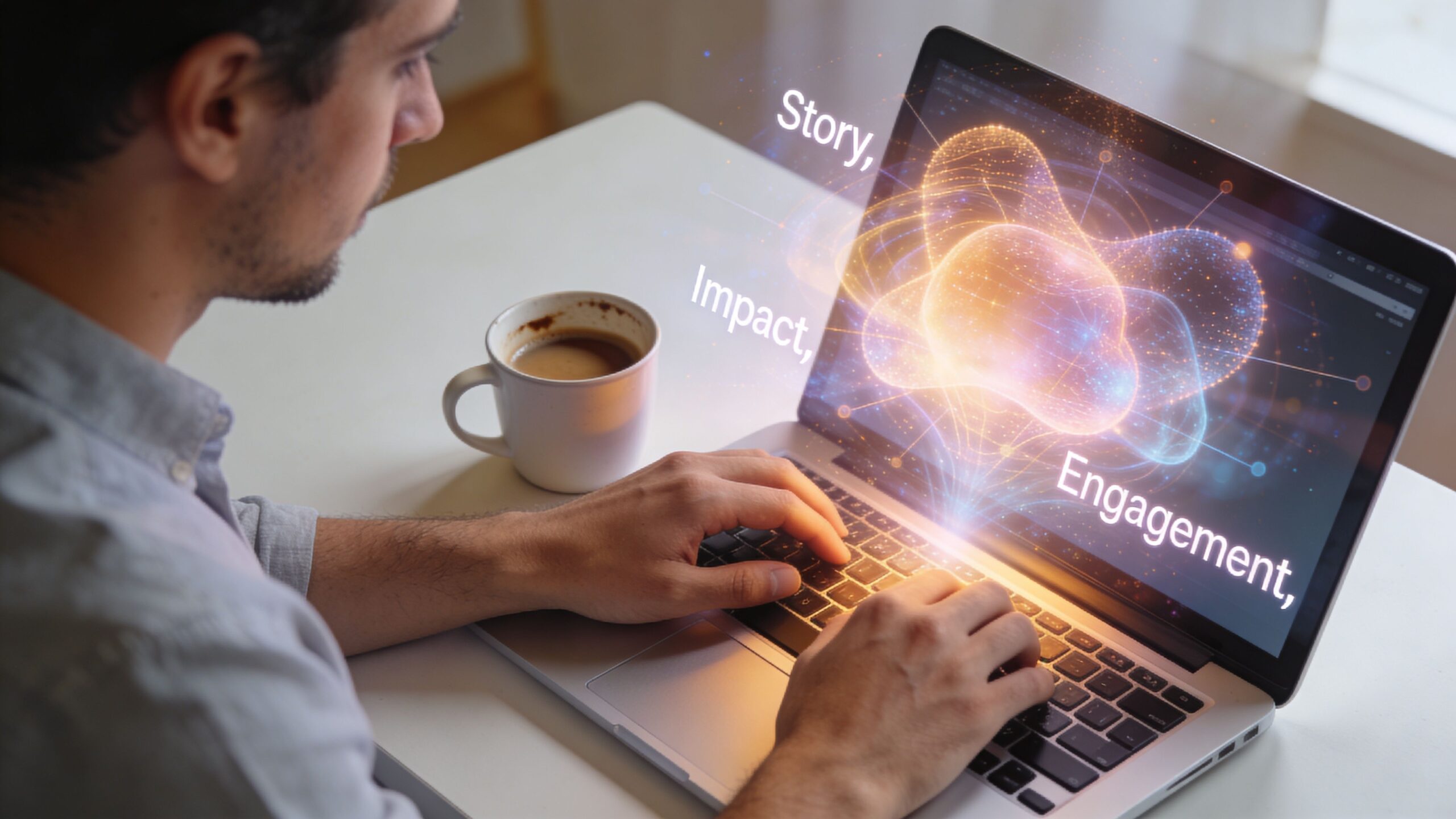 A man typing on a laptop with a digital holographic graphic about story, impact, and engagement displayed.