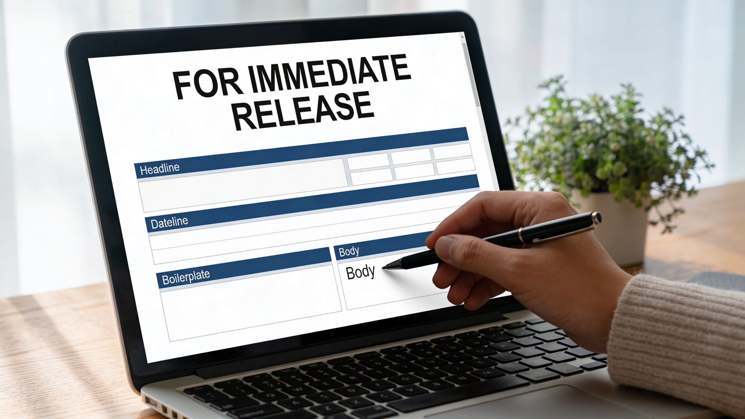 A person writing on a press release template displayed on a laptop screen at a desk.