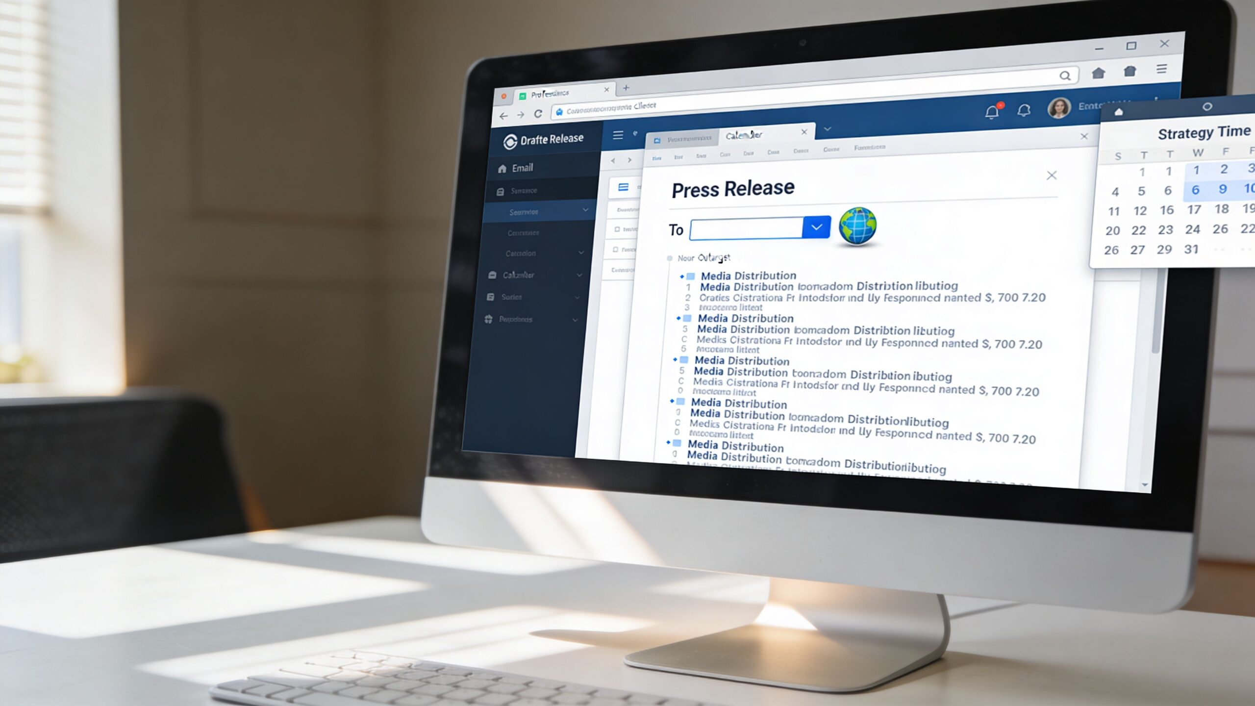 A modern computer display showing press release drafting software and a calendar with an open workspace background.