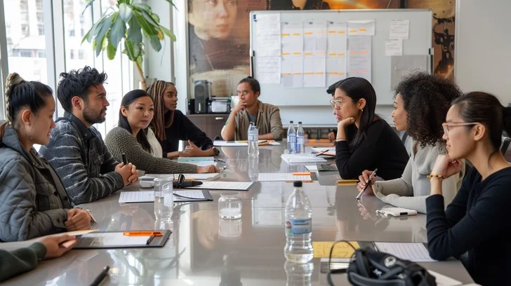 Diverse team of professionals around a conference table in a focused crisis communications meeting.