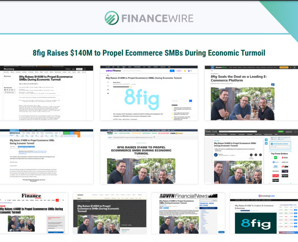 FinanceWire distribution results showing the 8fig $140M funding press release published across Bloomberg, Yahoo Finance, MarketWatch, Benzinga, and seven other financial outlets.
