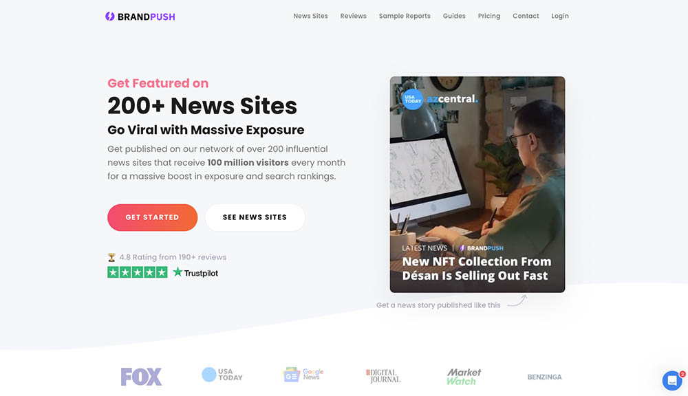 BrandPush homepage promoting press release distribution to 200+ news sites, with a sample article published on USA Today.