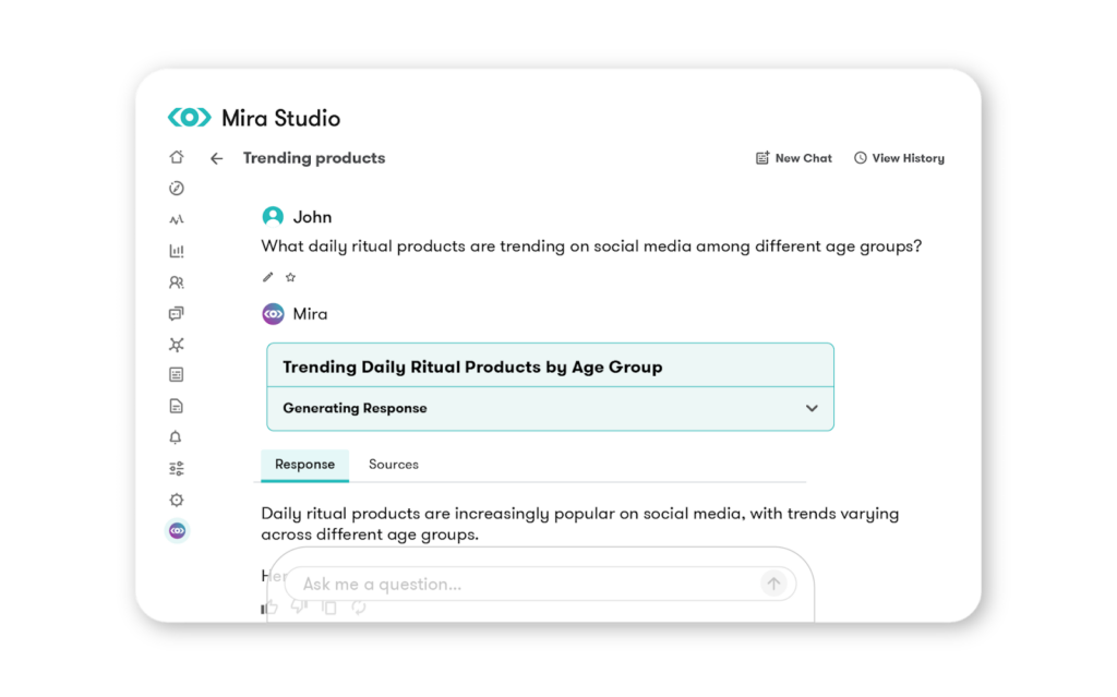 Screenshot of Meltwater's Mira Studio AI assistant surfacing trends and insights from media and social data on demand.