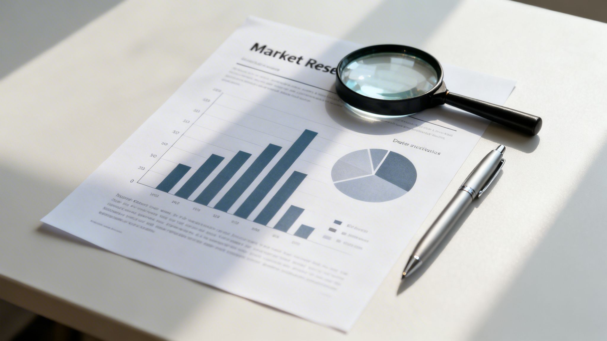 A market research document with charts, a magnifying glass, and a pen on a desk.
