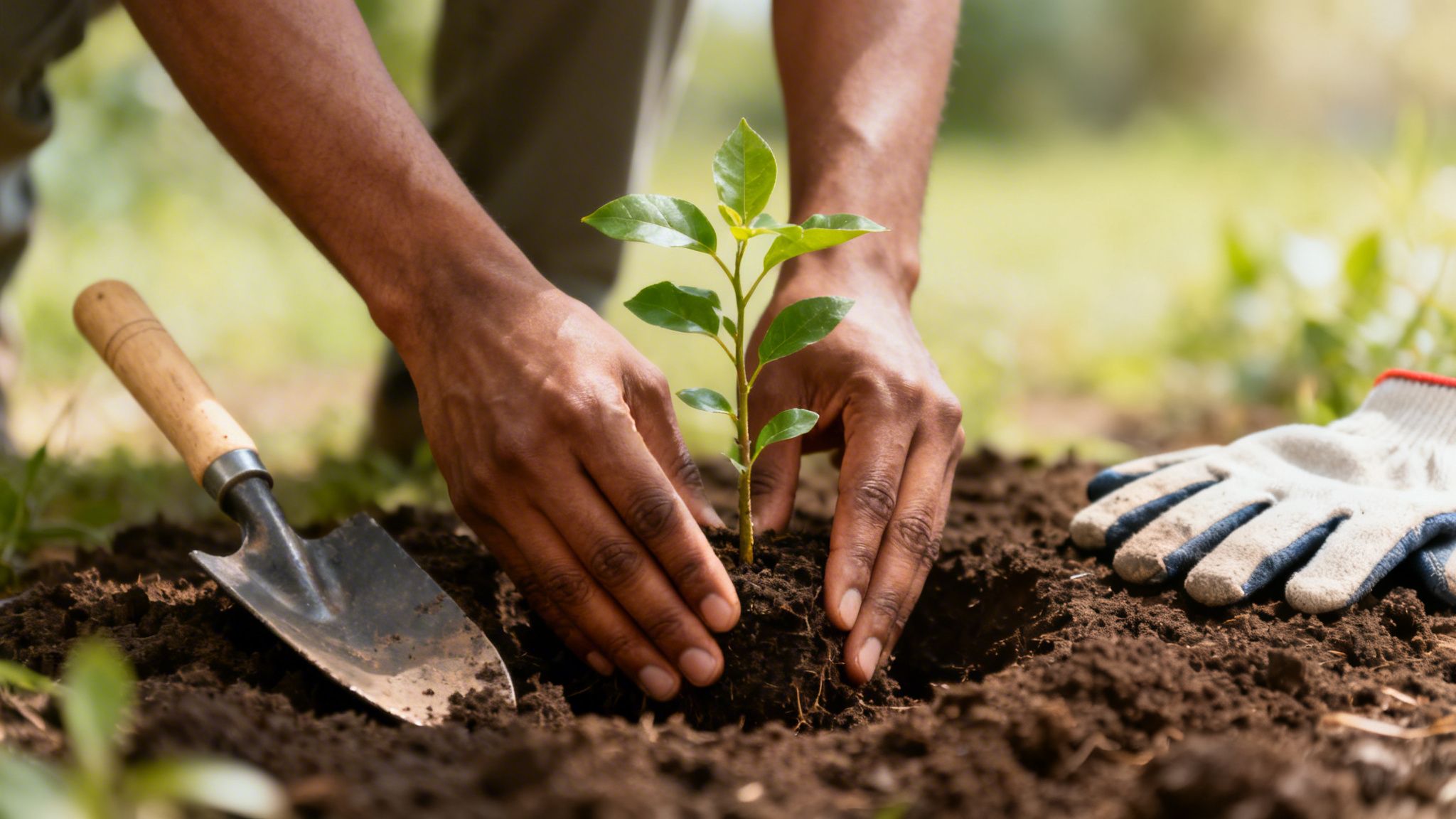Close-up of hands planting a small green plant in dark soil next to a trowel and gloves.
