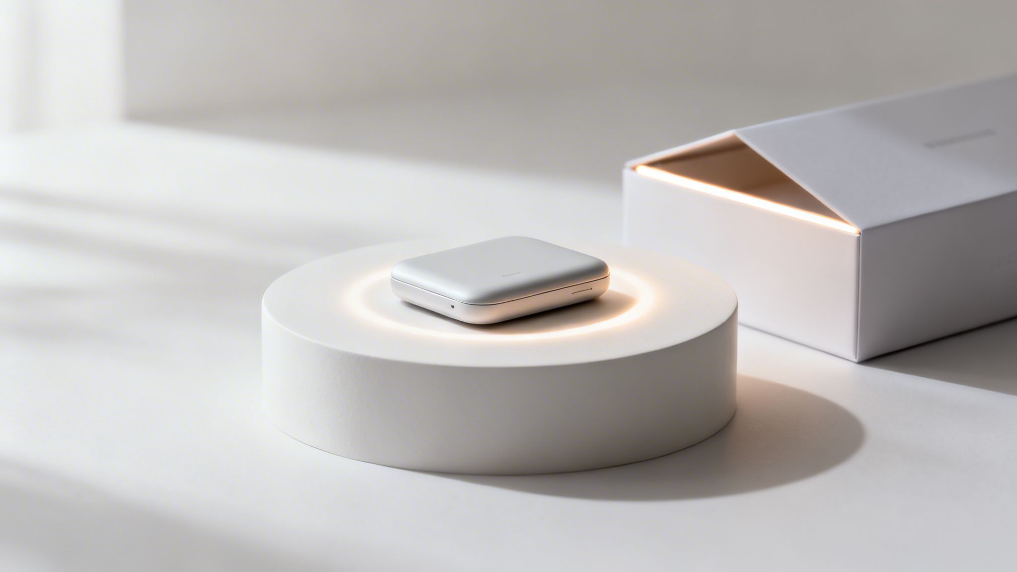 A sleek silver device sits on a glowing white pedestal next to an open illuminated box.