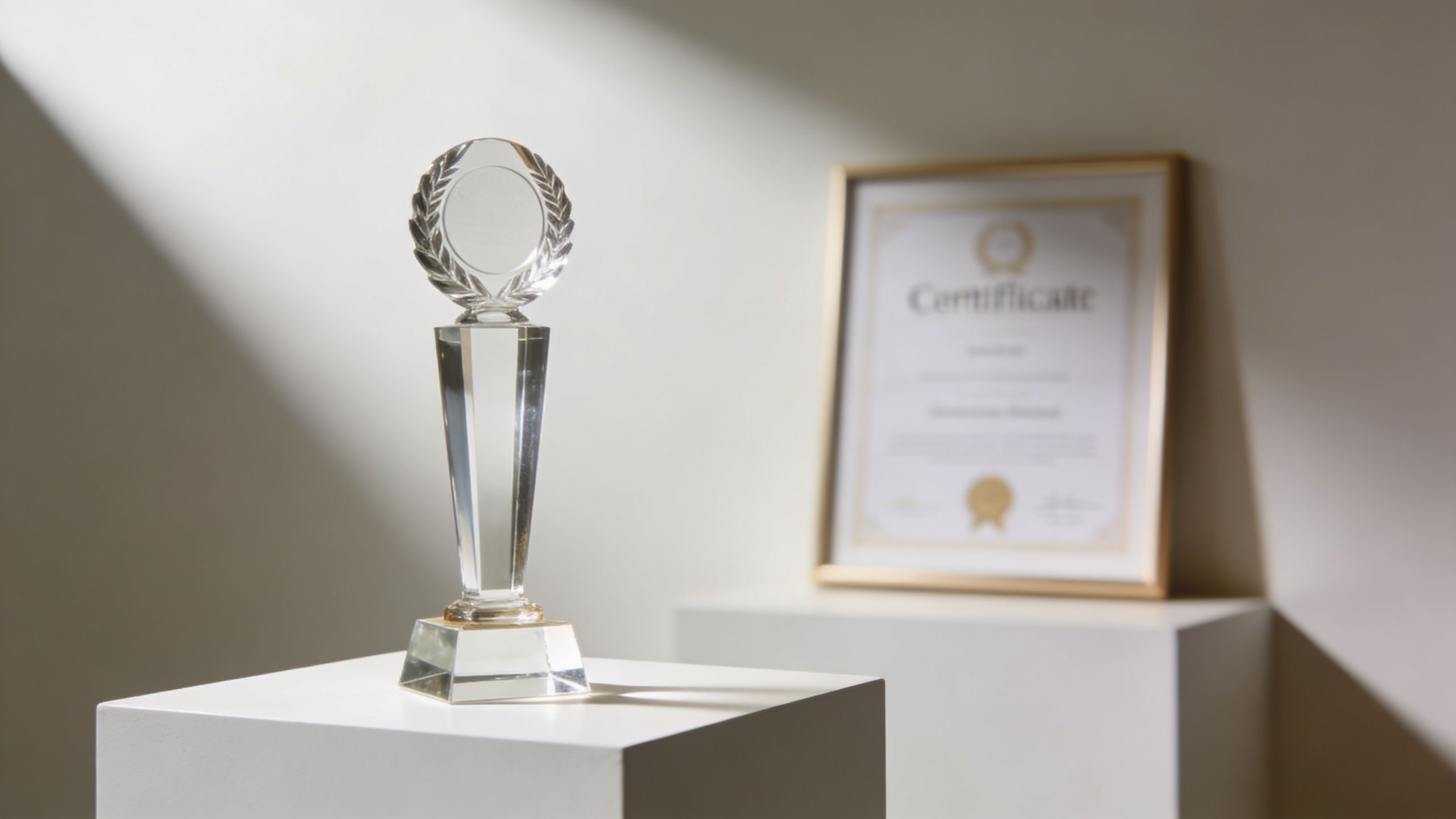A clear glass trophy sitting on a white pedestal next to a framed certificate on a shelf.