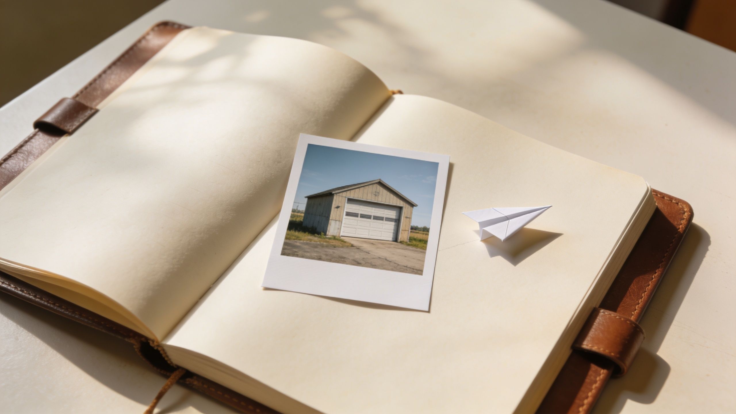 A Polaroid photograph of a shed and a paper airplane placed on an open leather notebook.
