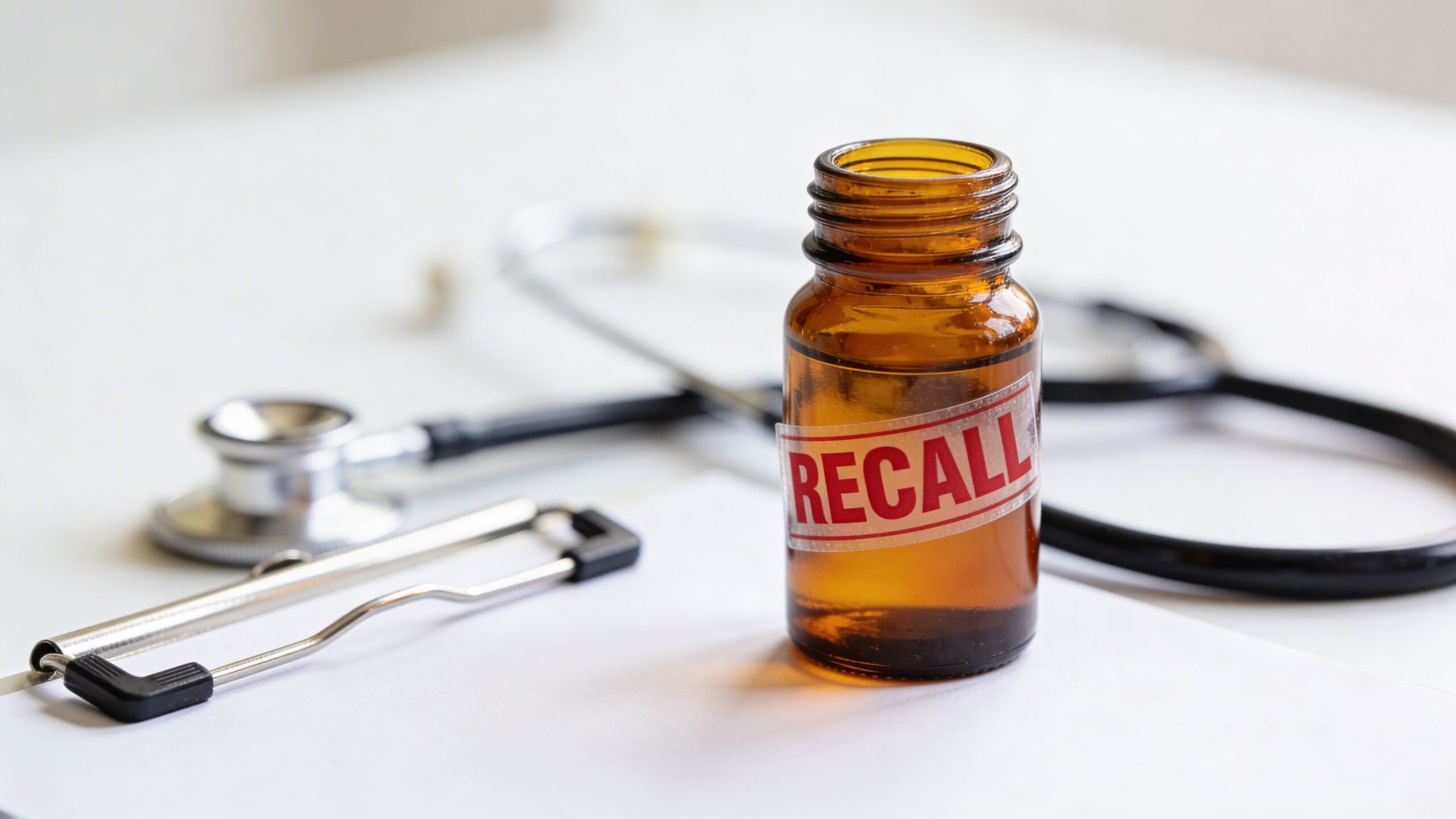 An amber glass pill bottle labeled RECALL sitting on a white surface with a medical stethoscope behind.