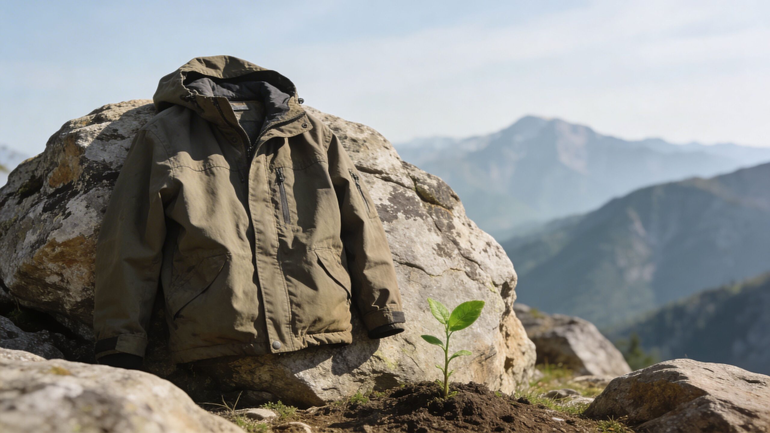 An olive green jacket resting on a large mountain rock next to a small green plant sprout