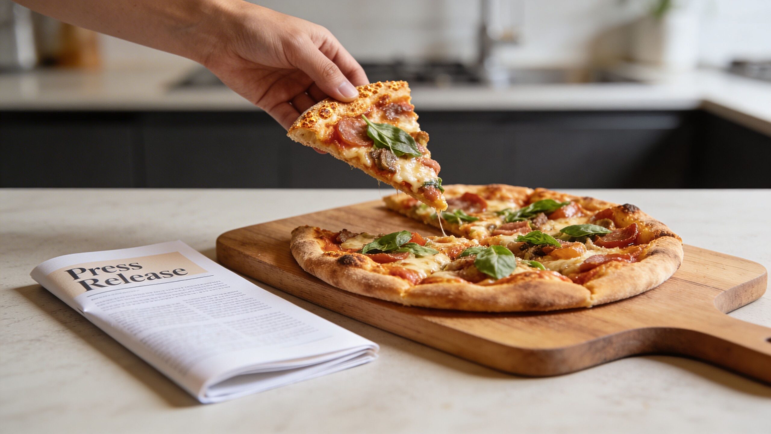 A hand holding a slice of pepperoni pizza above a wooden board with a whole pizza.