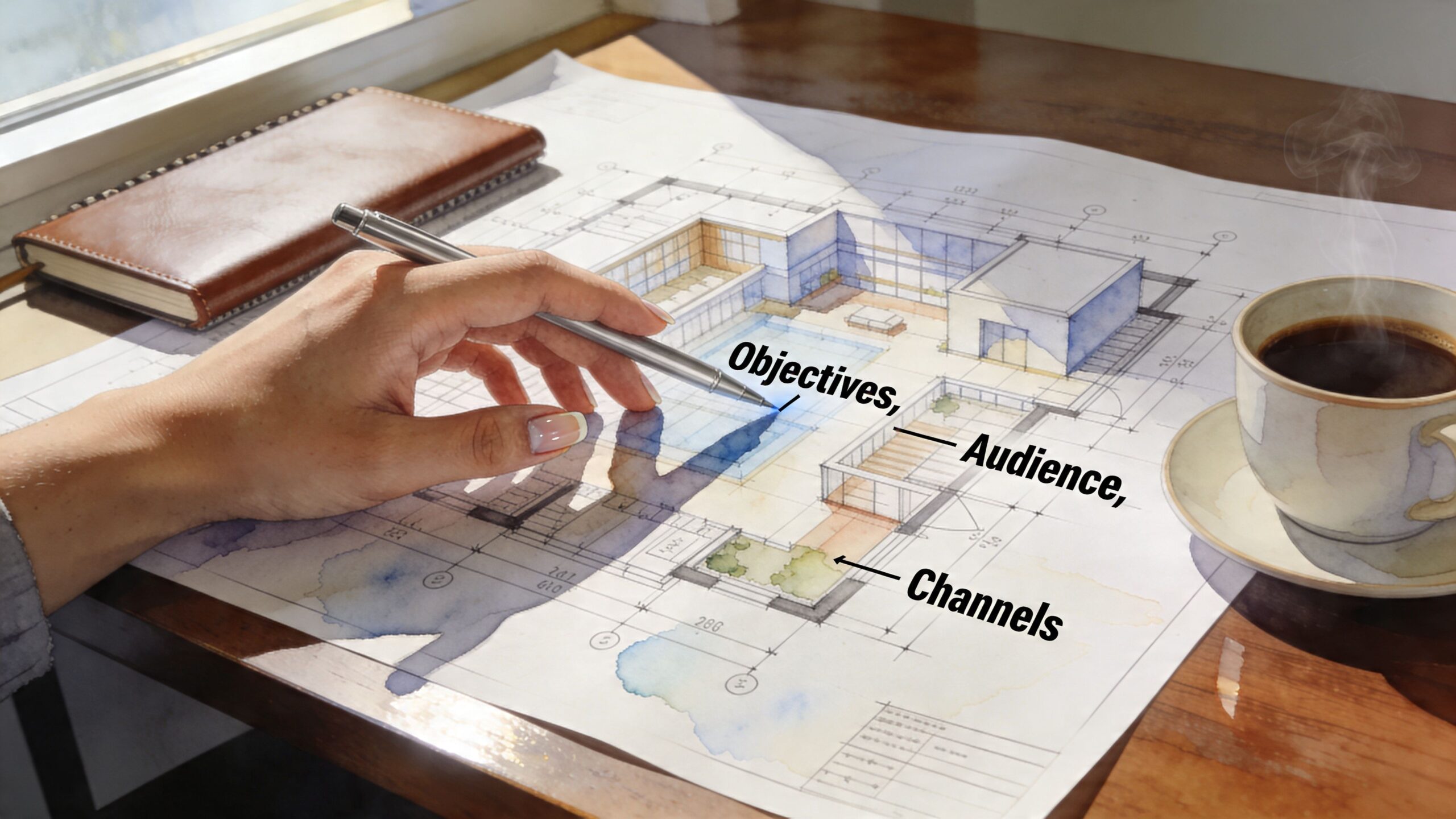 A hand holds a silver pen over a architectural blueprint with marketing concepts labeled on the drawing.