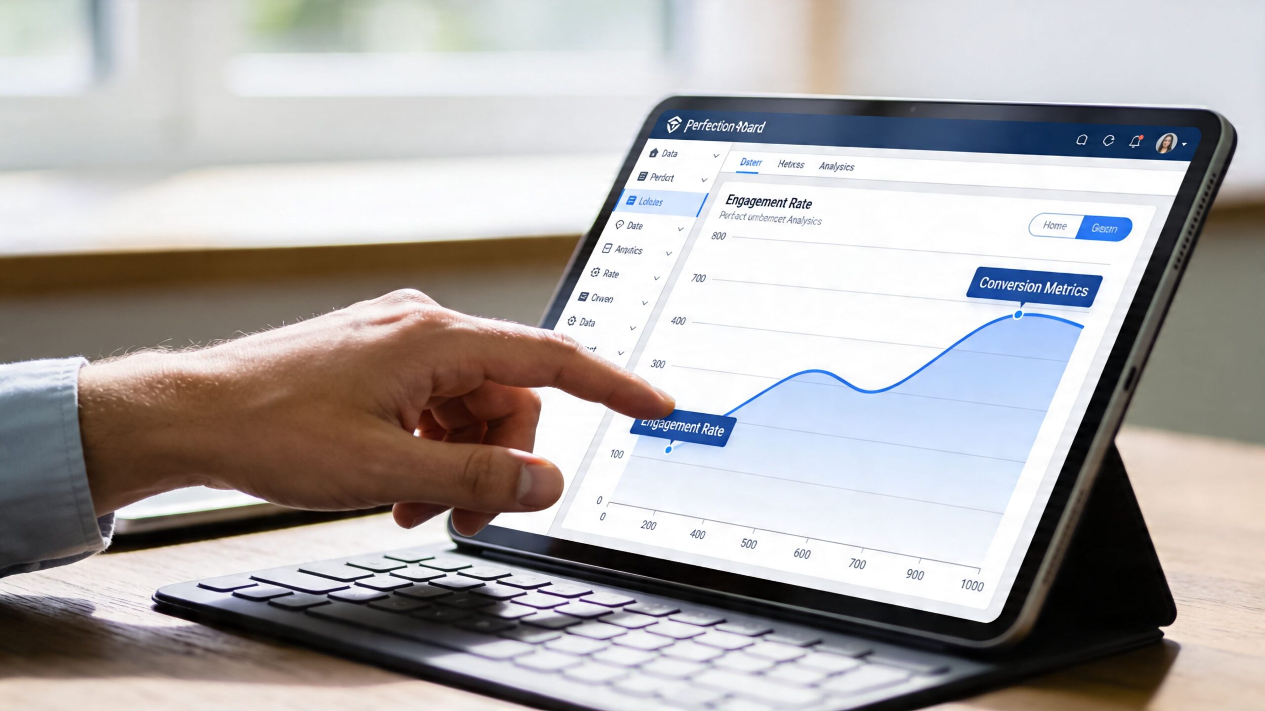 A professional analyzing business performance data on a tablet screen showing an engagement rate line graph.