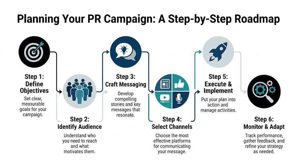 A six-step roadmap diagram illustrating the professional process for planning and executing effective public relations campaigns.