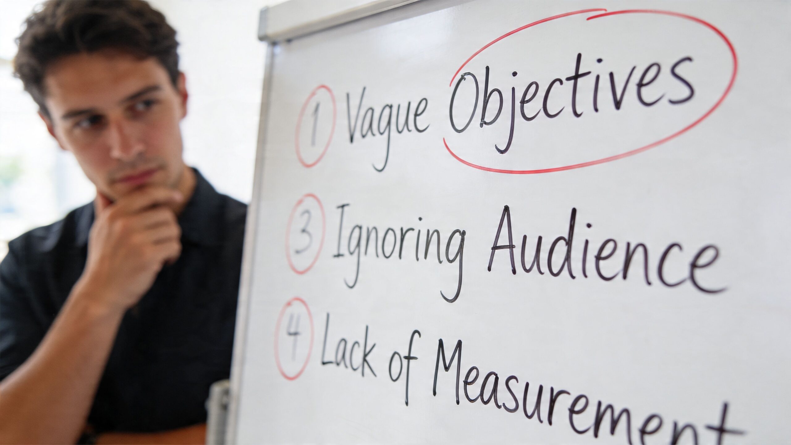 A professional man contemplating a whiteboard listing common pitfalls of public relations campaigns including vague objectives.