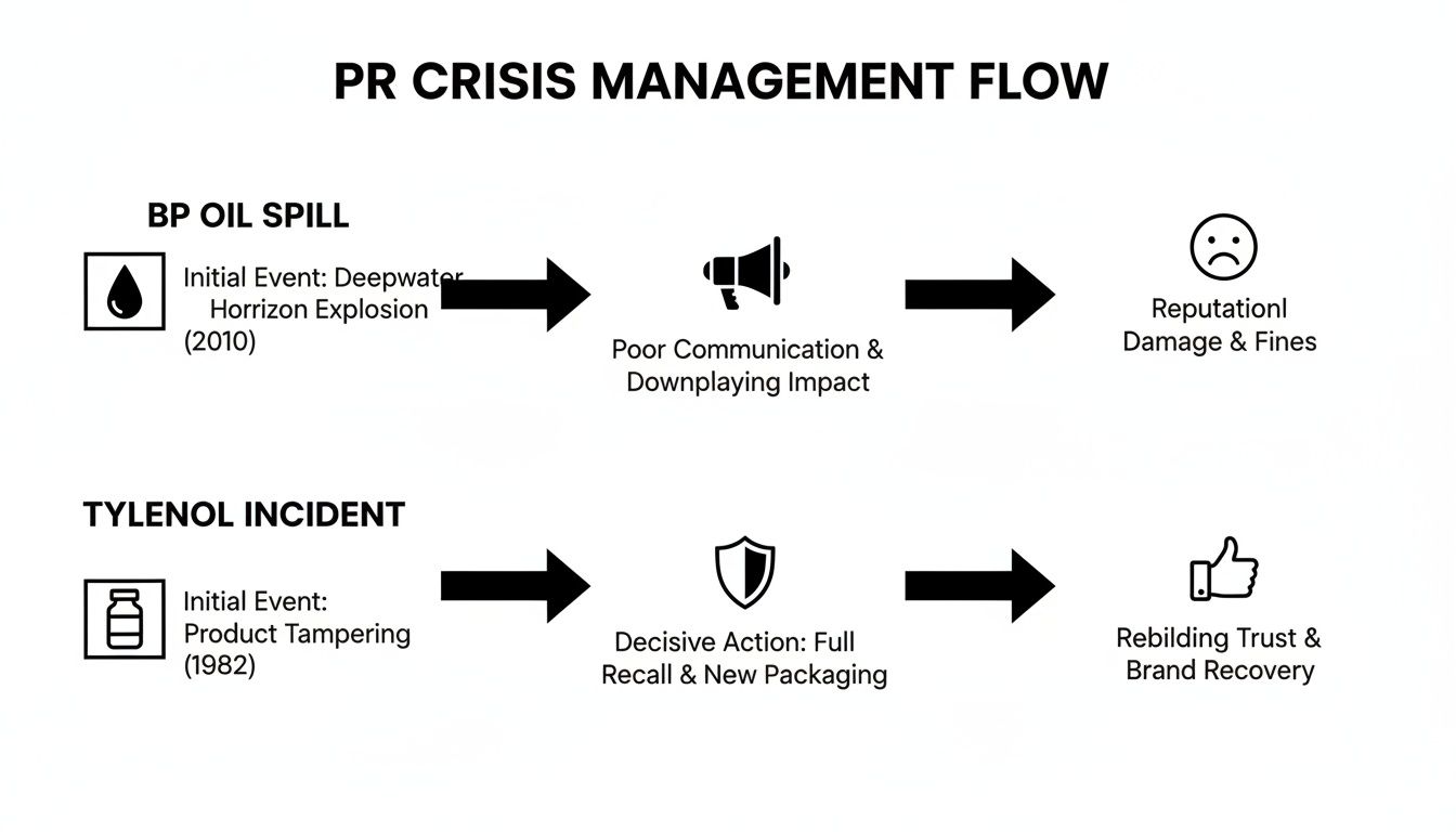 Flowchart comparing BP Oil Spill and Tylenol Incident PR crisis management strategies and outcomes.