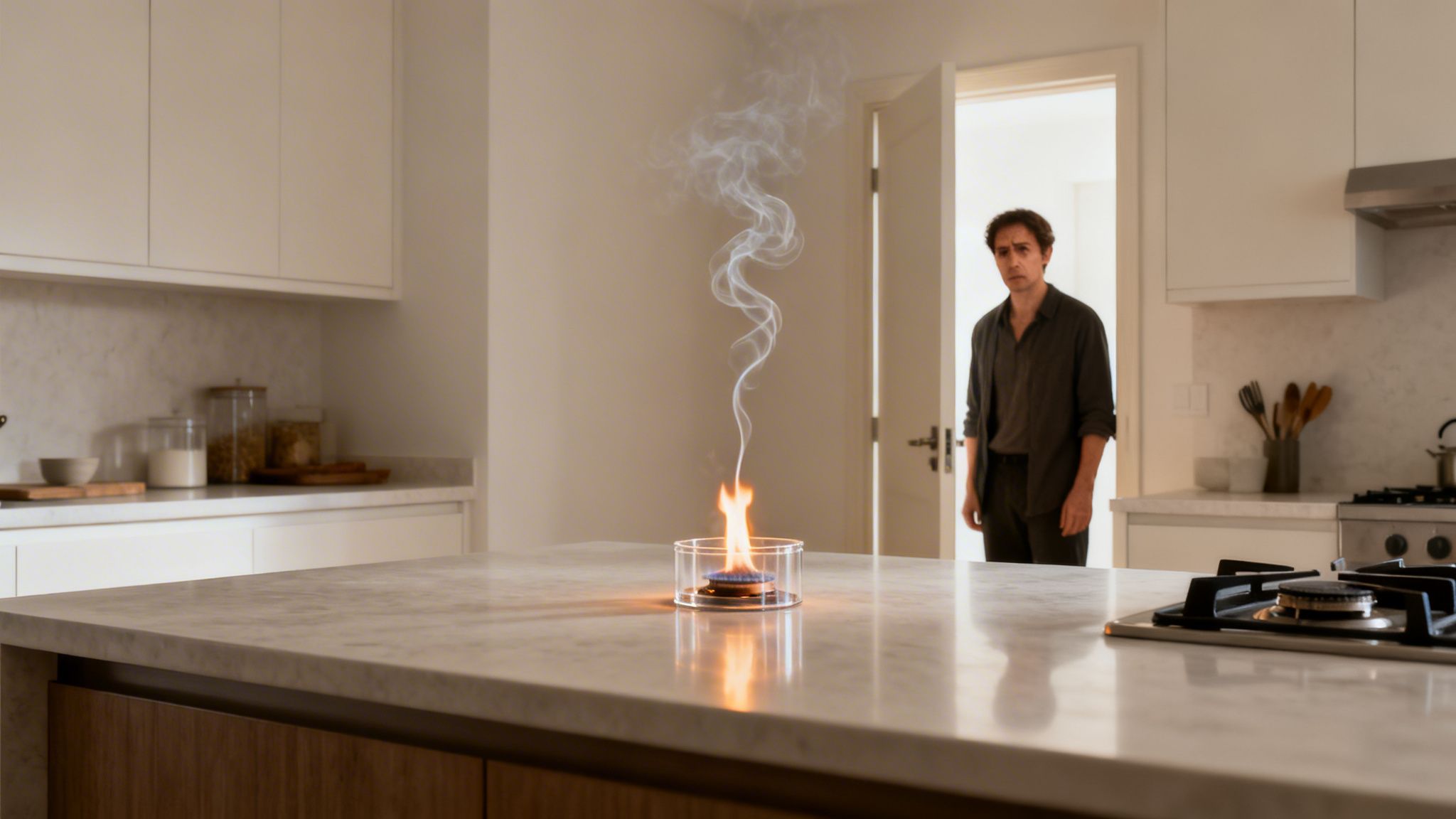 A concerned man looks at a small fire with smoke rising from a tabletop in a modern kitchen.