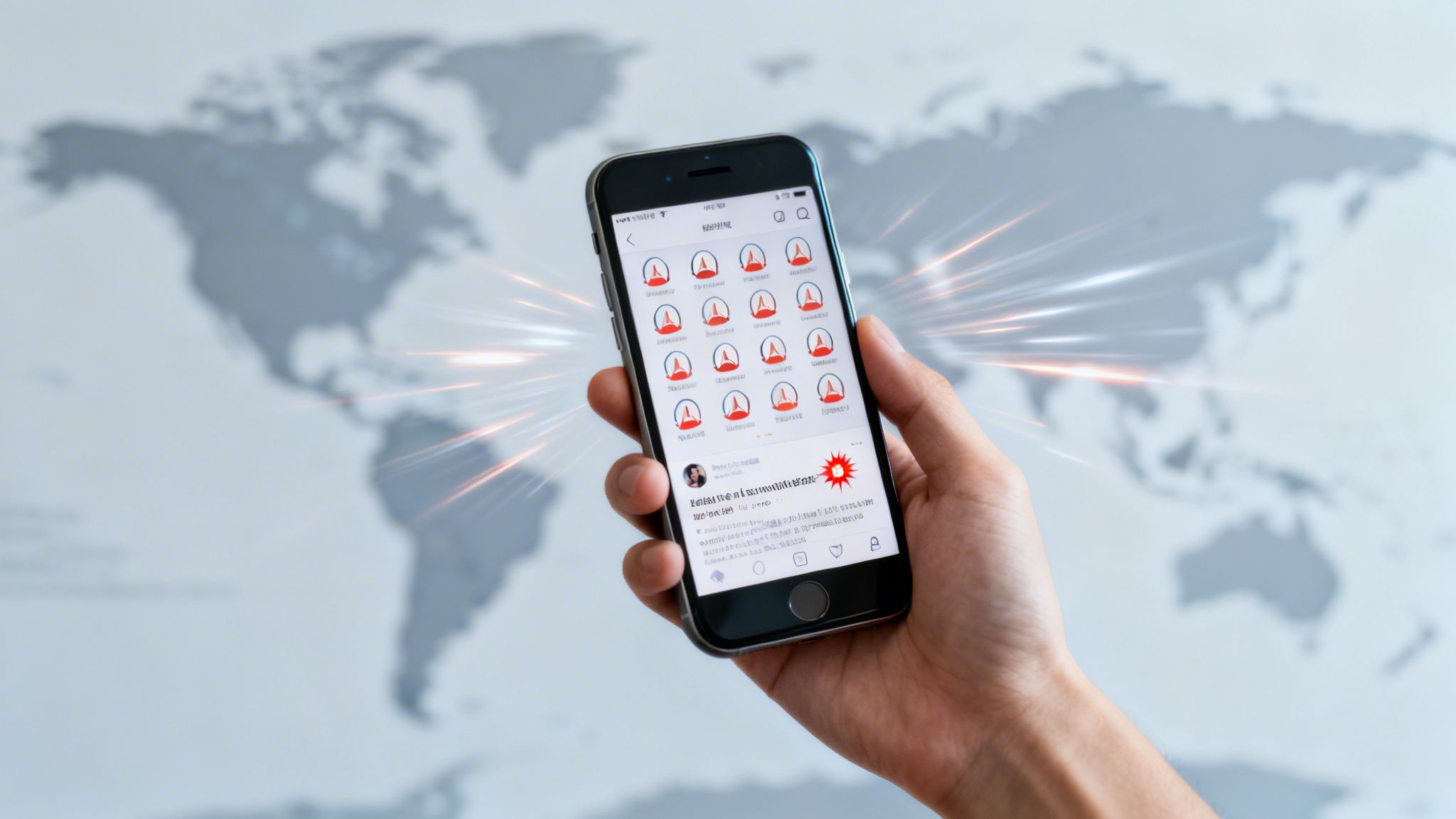 Hand holding a smartphone displaying multiple crisis alerts and a red explosion icon on a world map.