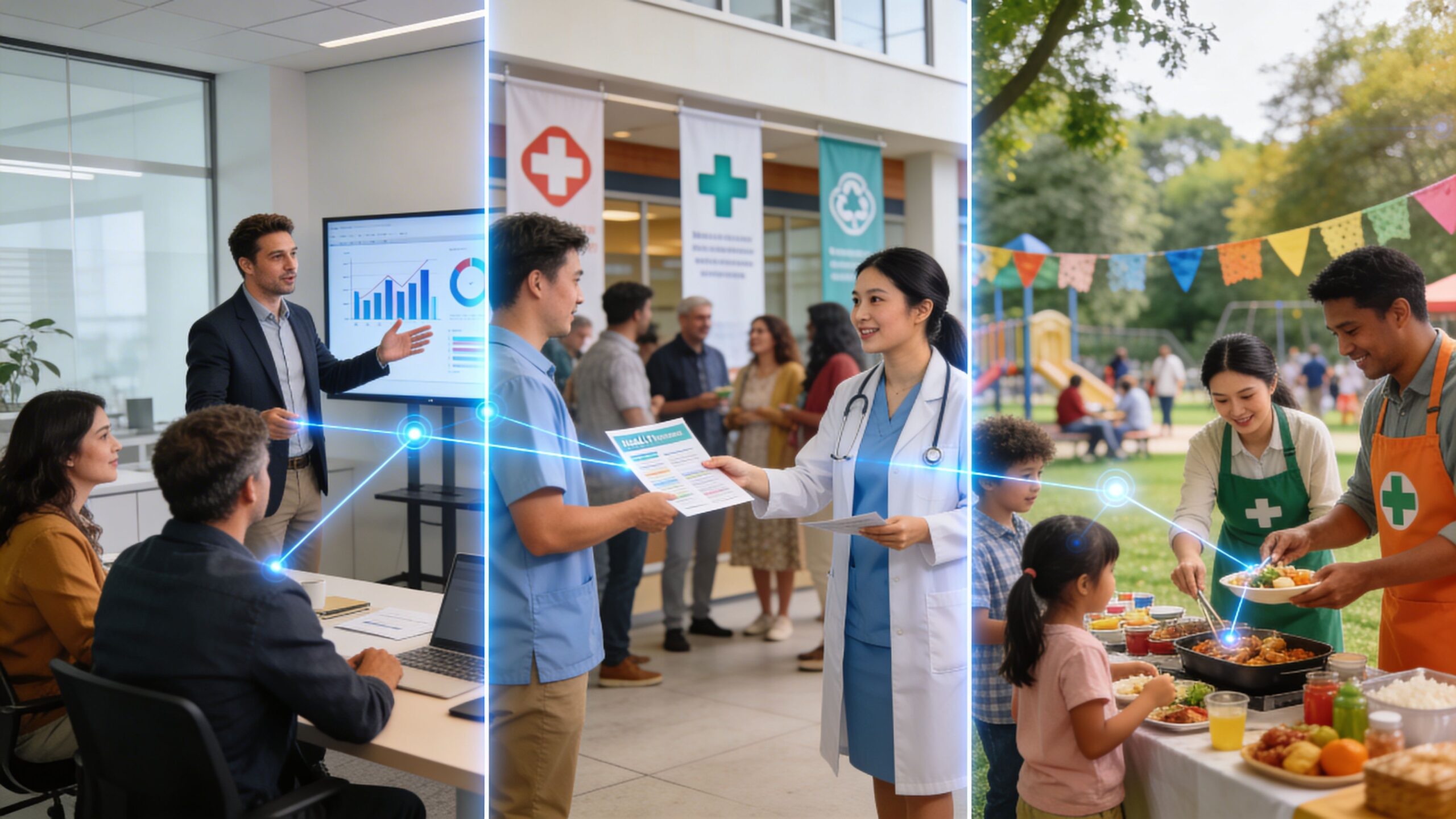 A collage showing business professionals, a medical consultation, and community volunteers serving food in a park.