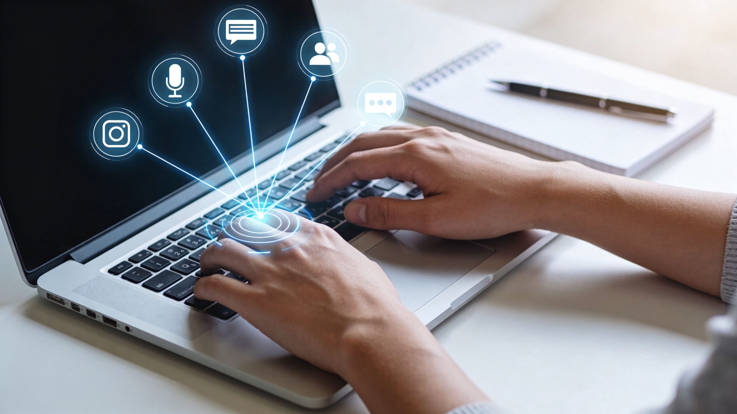 A person using a laptop on a desk with digital social media icons hovering above the keyboard.