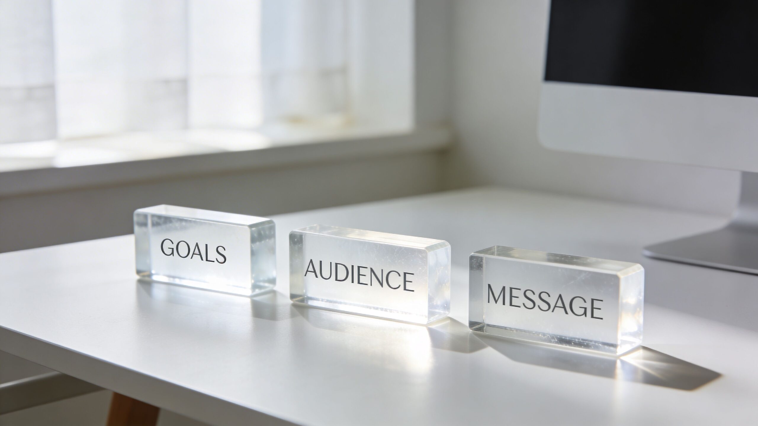 Clear glass blocks on a white desk with words goals, audience, and message printed on them.