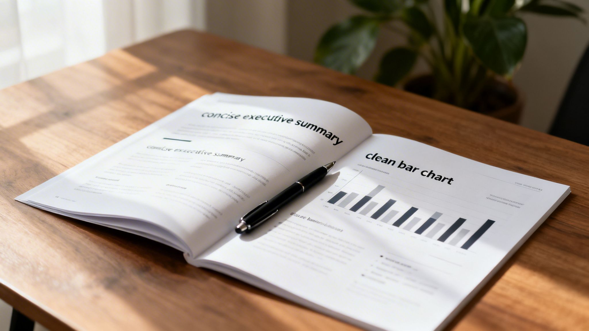 An open report on a wooden table, displaying a concise executive summary and a clean bar chart with a pen.