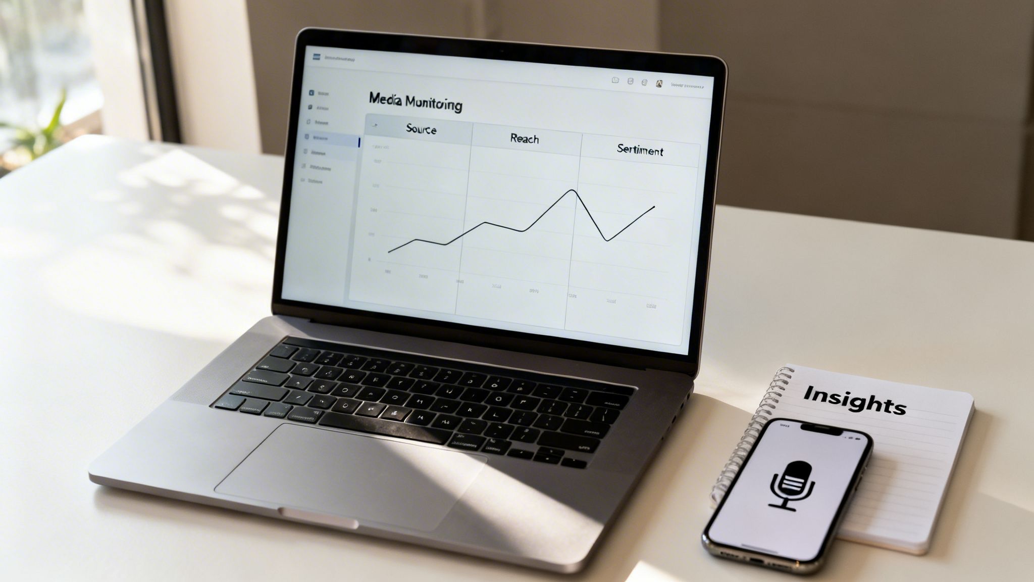 A laptop displays a media monitoring dashboard with a graph, a smartphone, and an 'Insights' notebook.