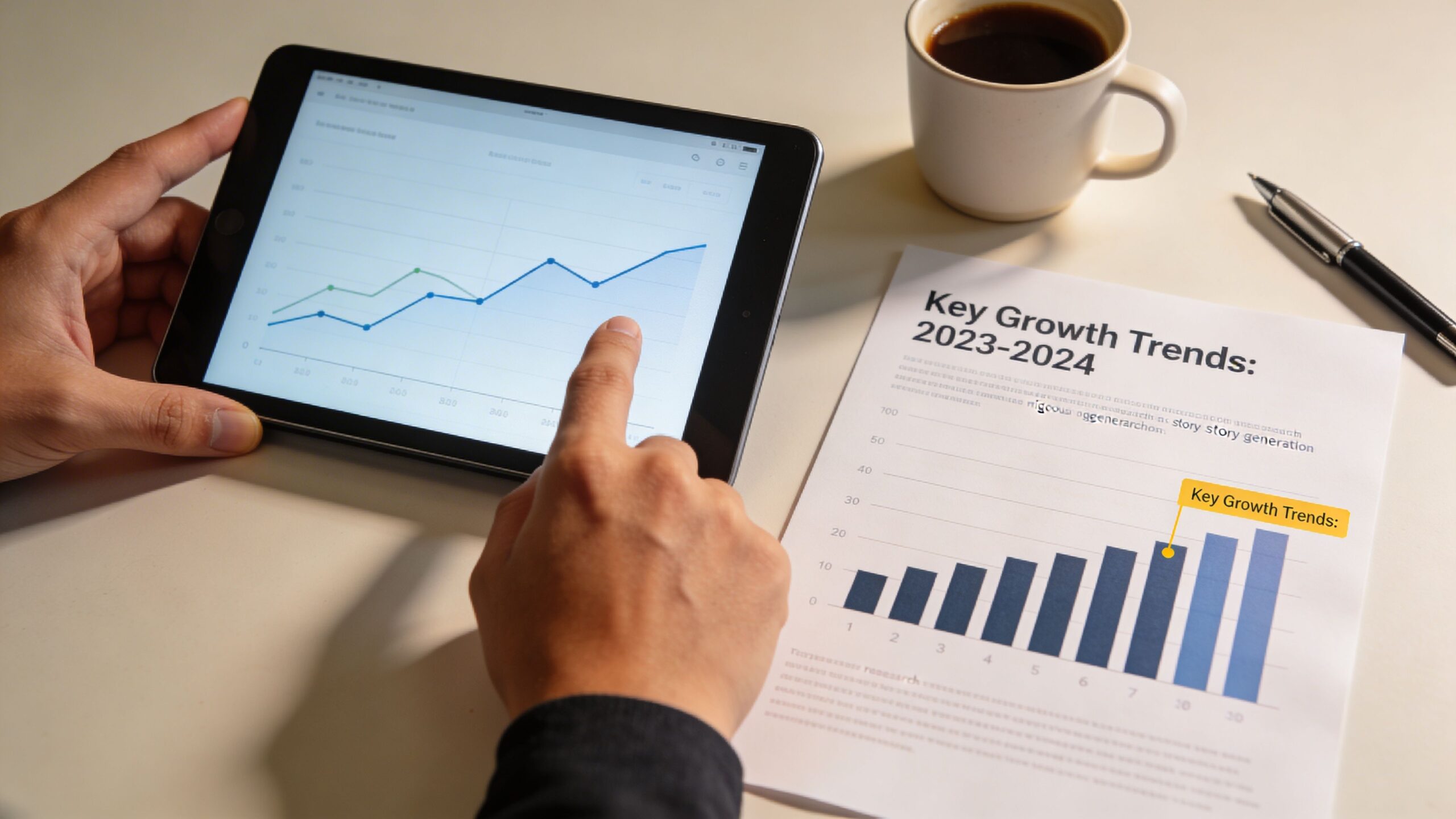 A person analyzing business growth charts on a tablet and paper report to develop a strategy.