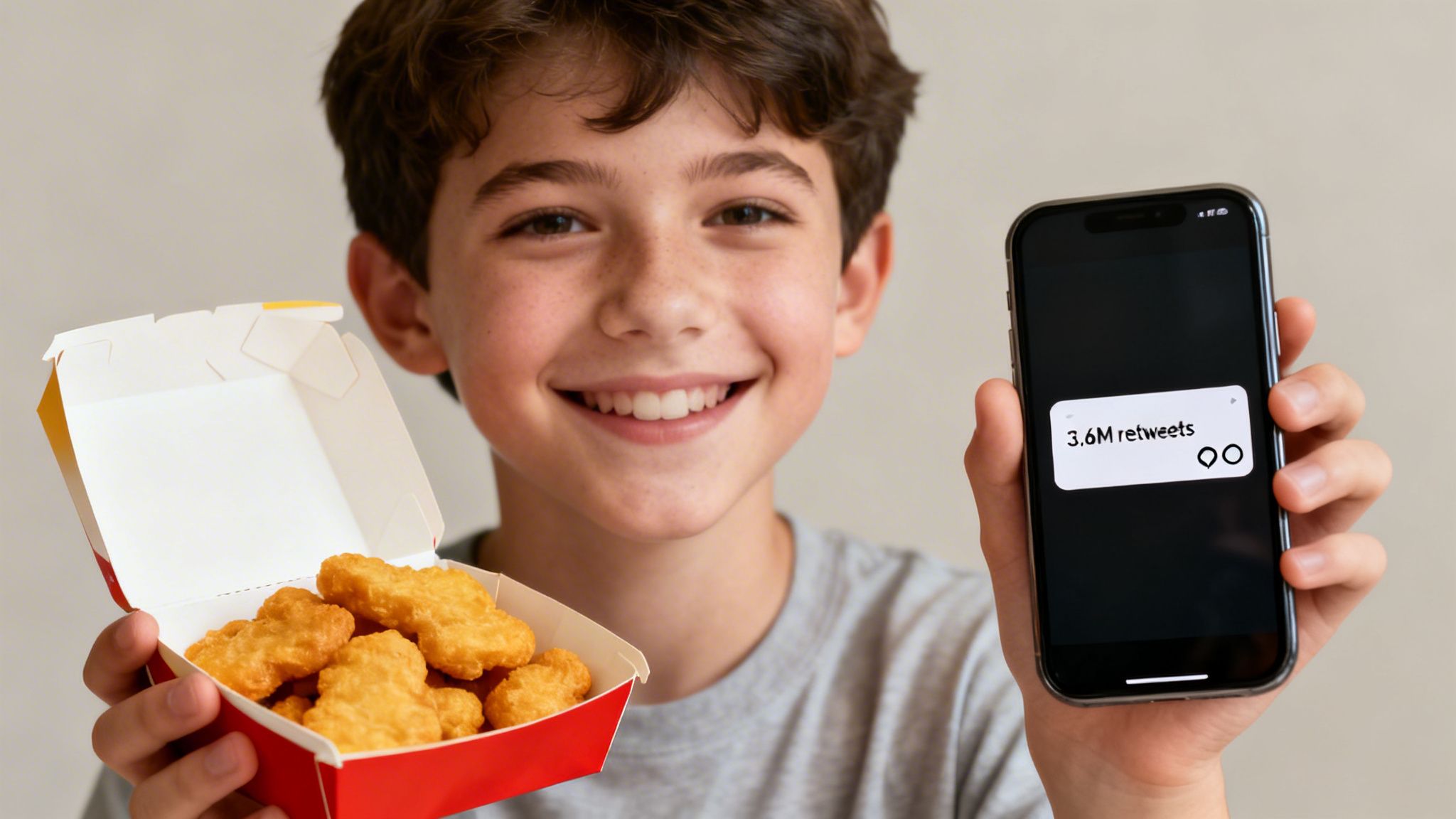 A smiling boy holds a box of chicken nuggets and a smartphone showing "3.6M retweets".