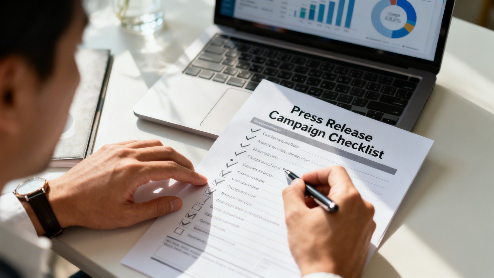 A professional checking off tasks on a press release campaign checklist while working at their laptop.
