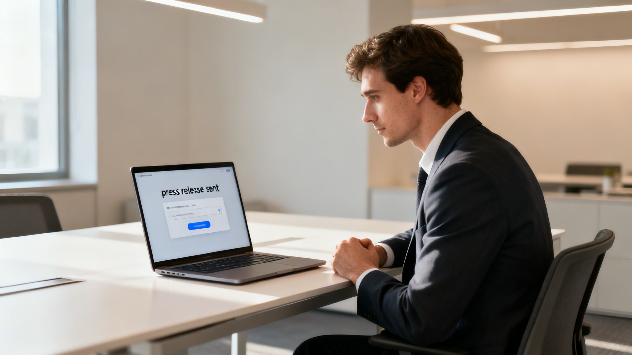 A professional man in a business suit sitting at a desk looking at a laptop computer.
