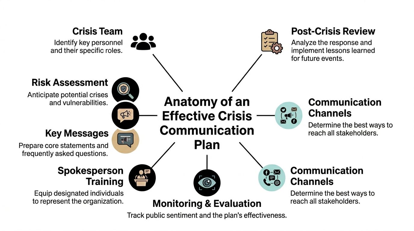A diagram illustrating the key components of an effective crisis communication plan for an organization.