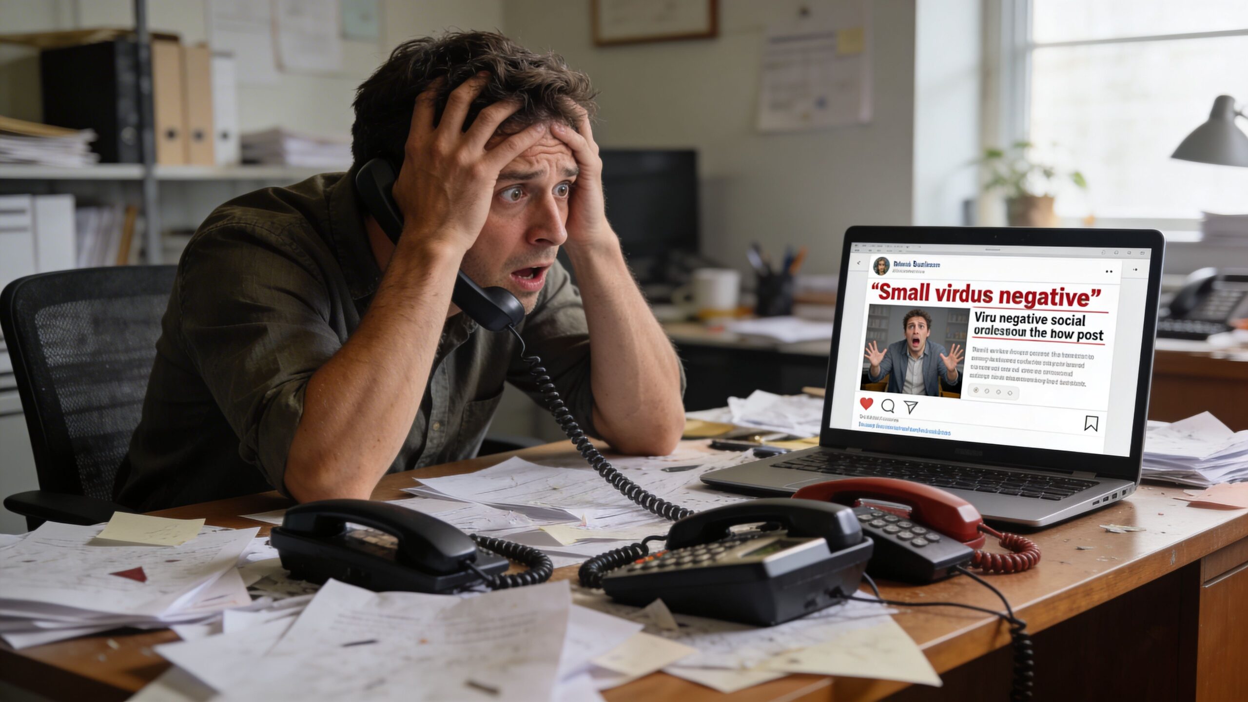 A stressed man with his hands on his head sitting at a desk with multiple phones.