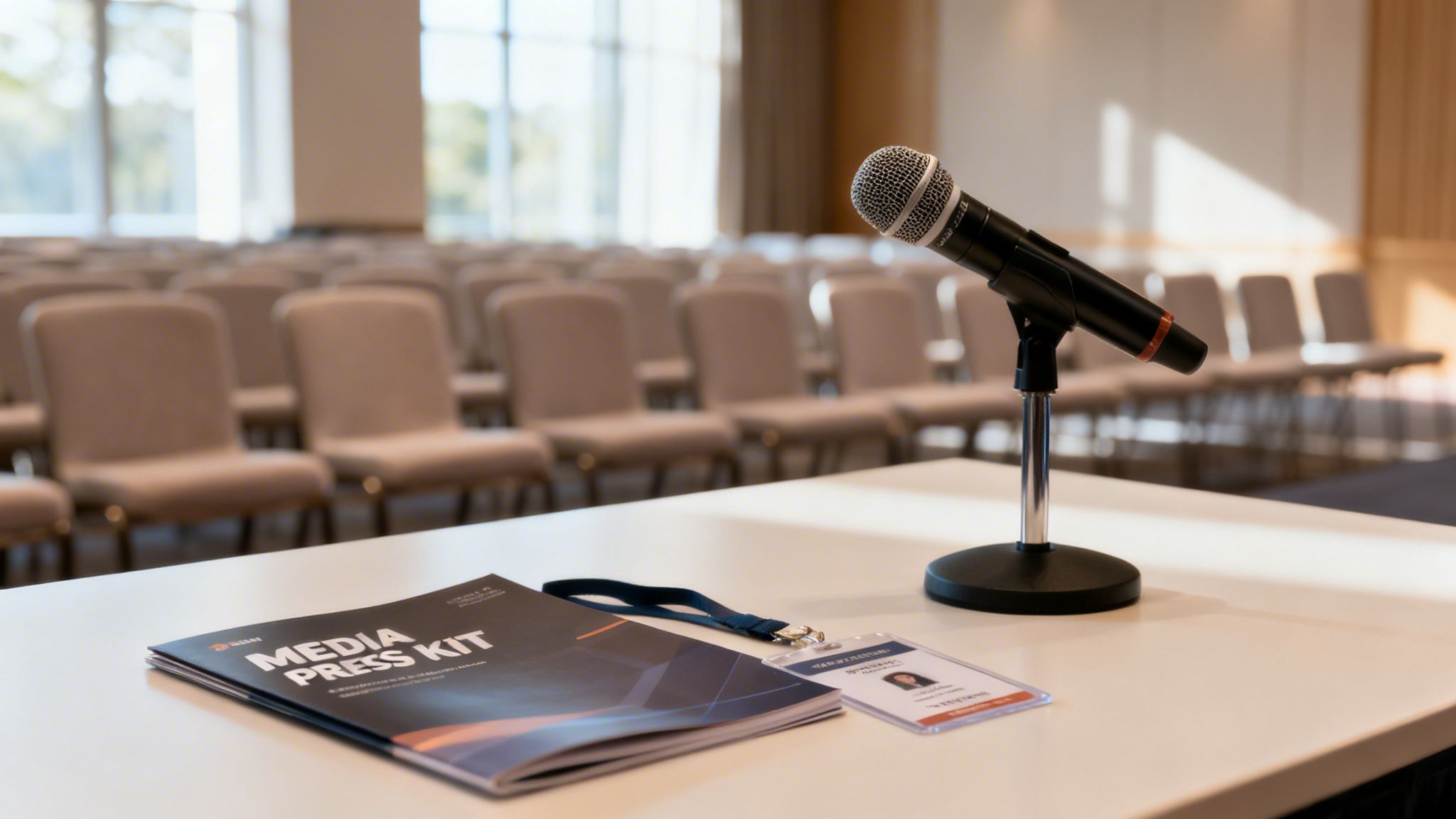 A microphone stands on a podium with a media press kit and ID badge in an empty conference hall.