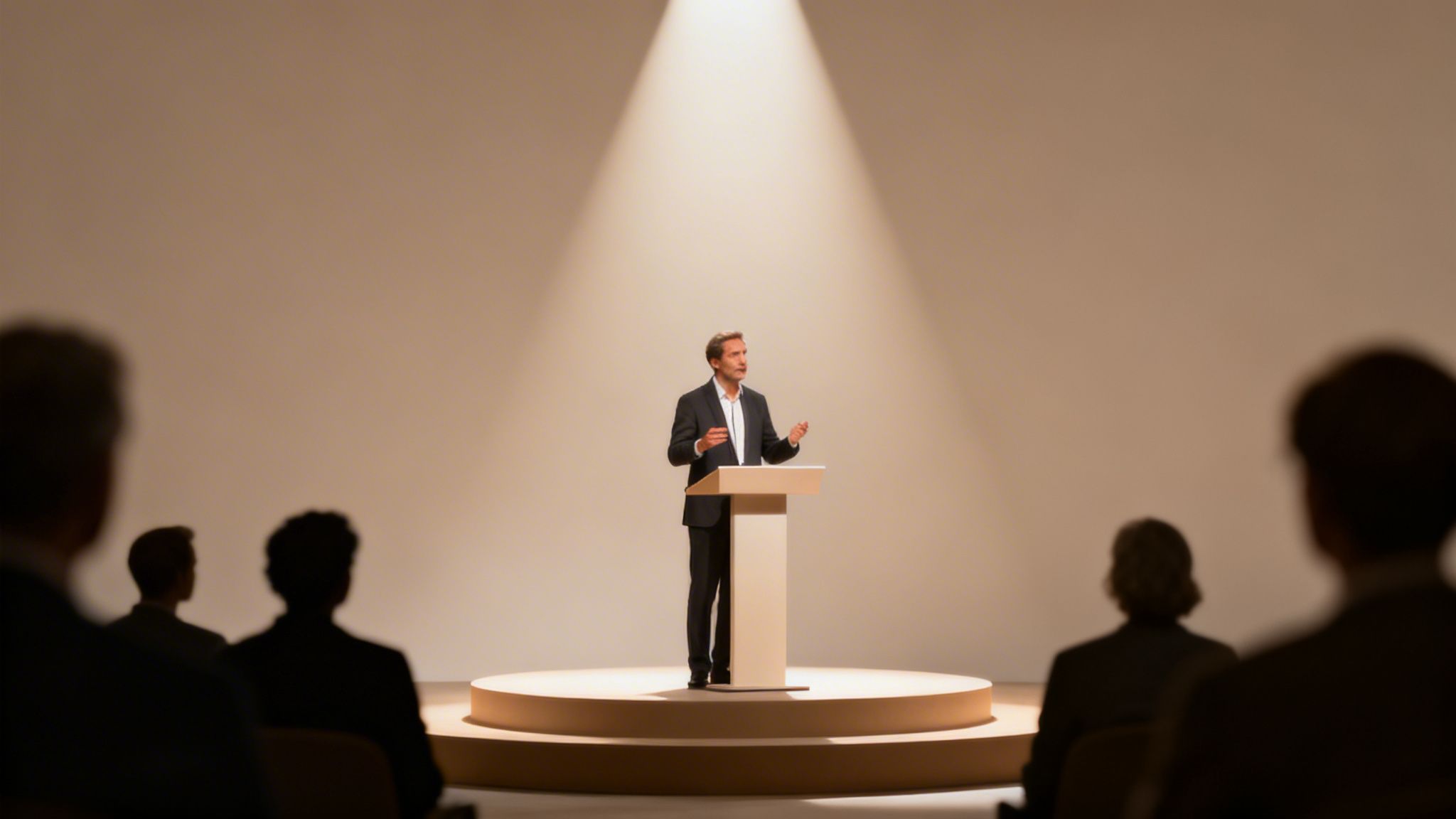 A professional speaker stands behind a podium on a circular stage under a single bright spotlight.