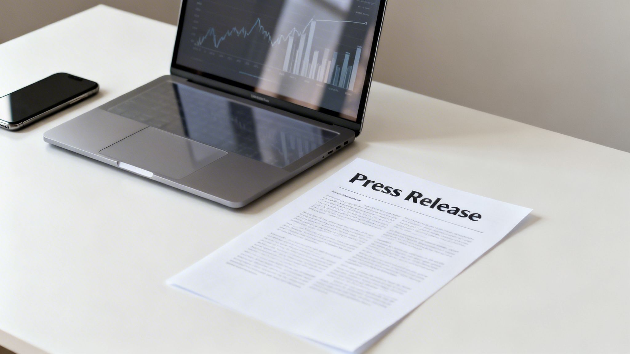 A modern workspace featuring an open laptop displaying financial charts and a printed press release document.