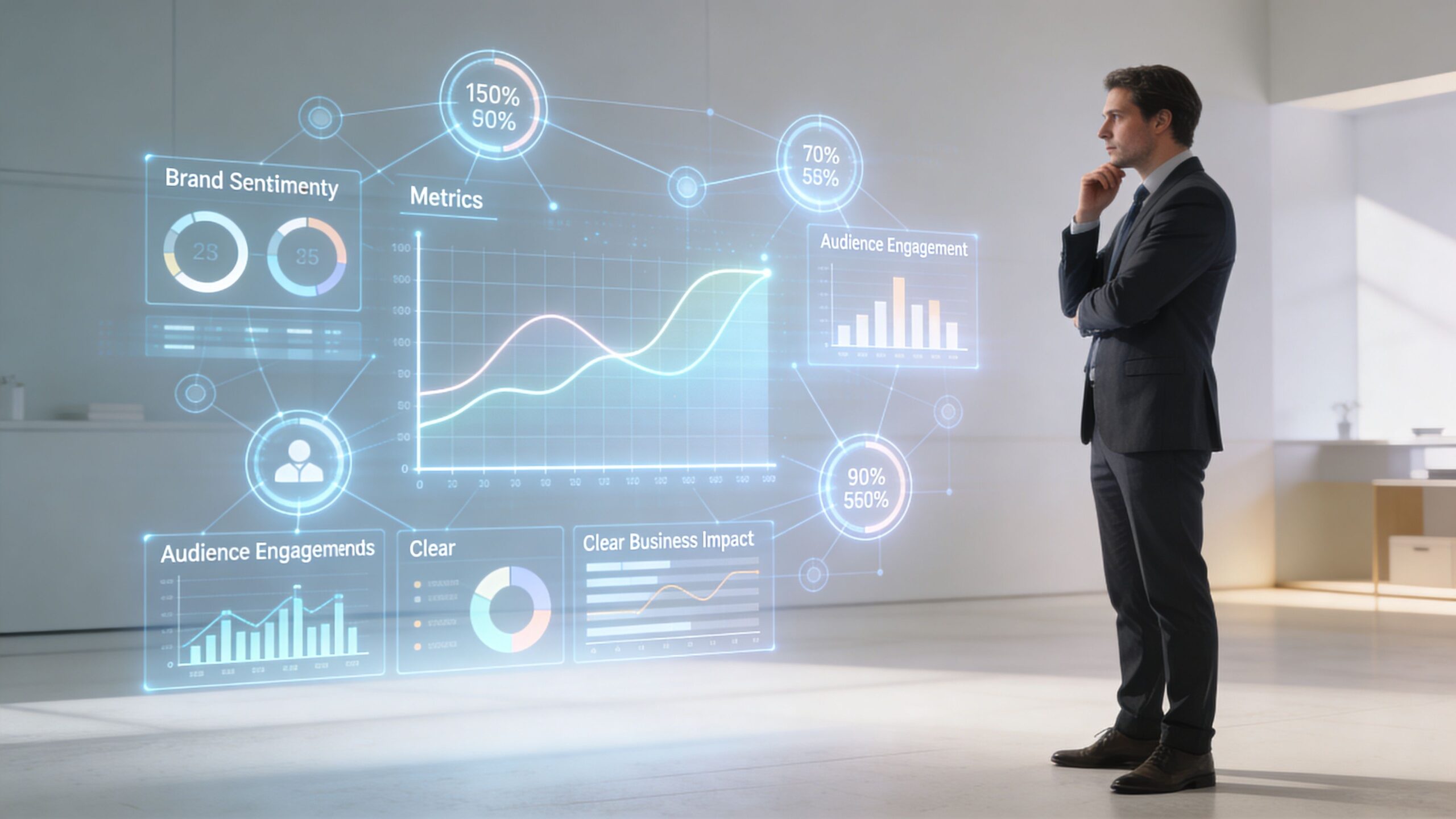 A professional man in a suit contemplates interactive holographic business data charts floating in an office.