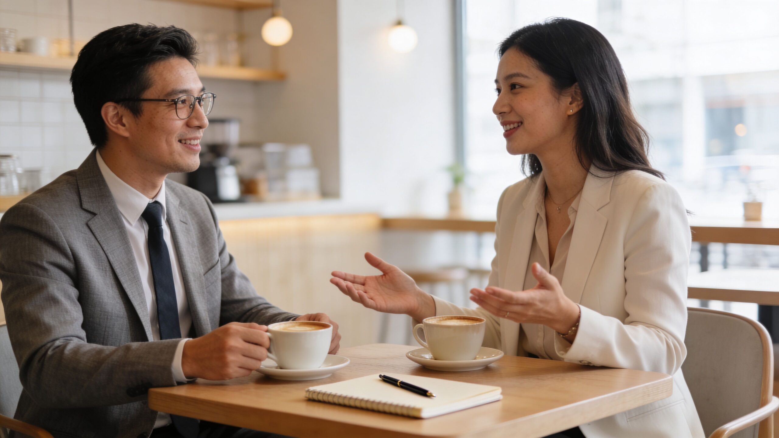 A professional man and woman having a business meeting while drinking coffee in a bright cafe.