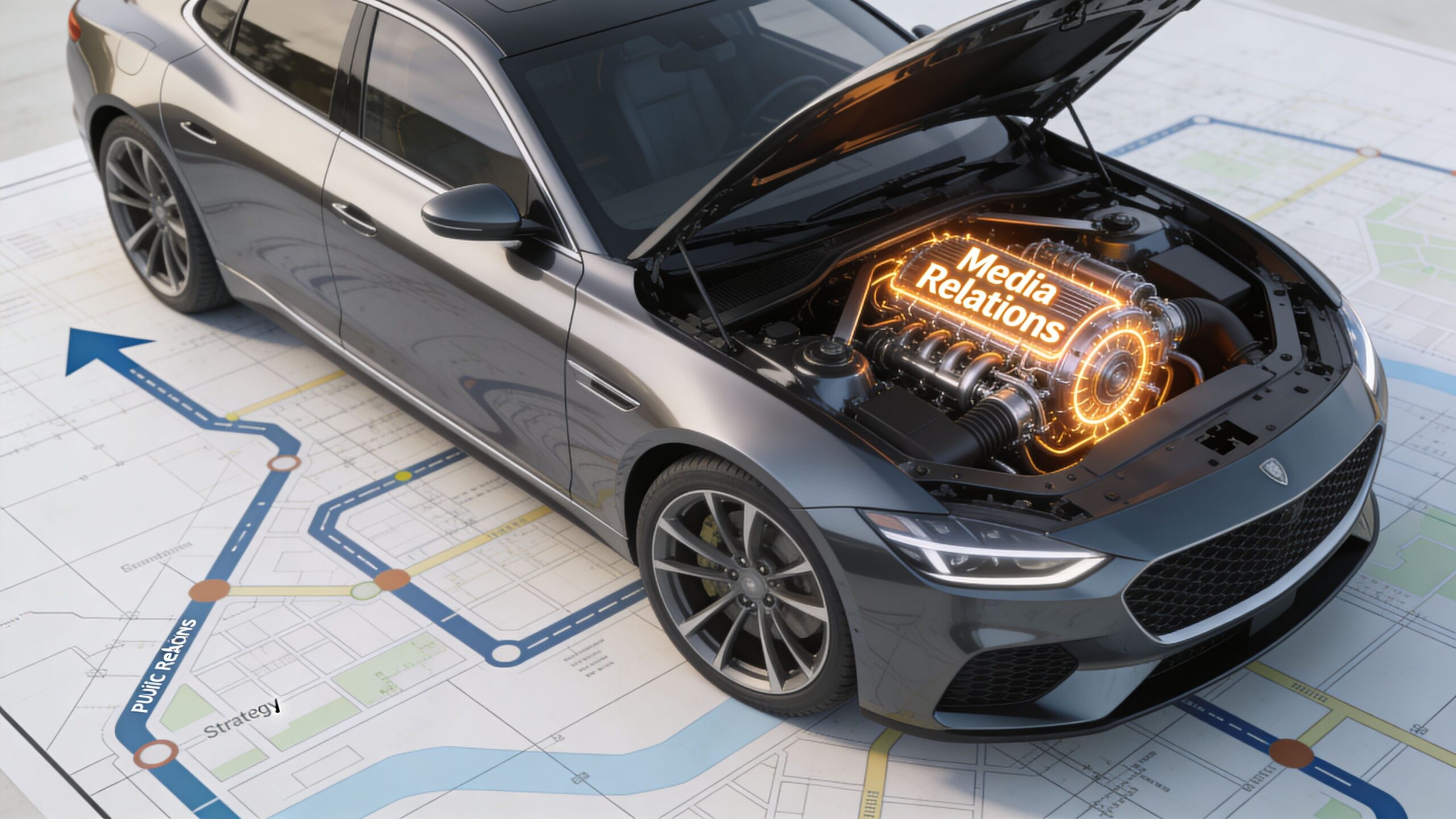 A luxury car with its hood open, highlighting a glowing engine labeled with the words Media Relations.