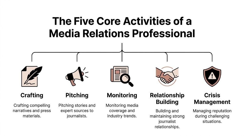 An infographic titled The Five Core Activities of a Media Relations Professional including icons and text descriptions.