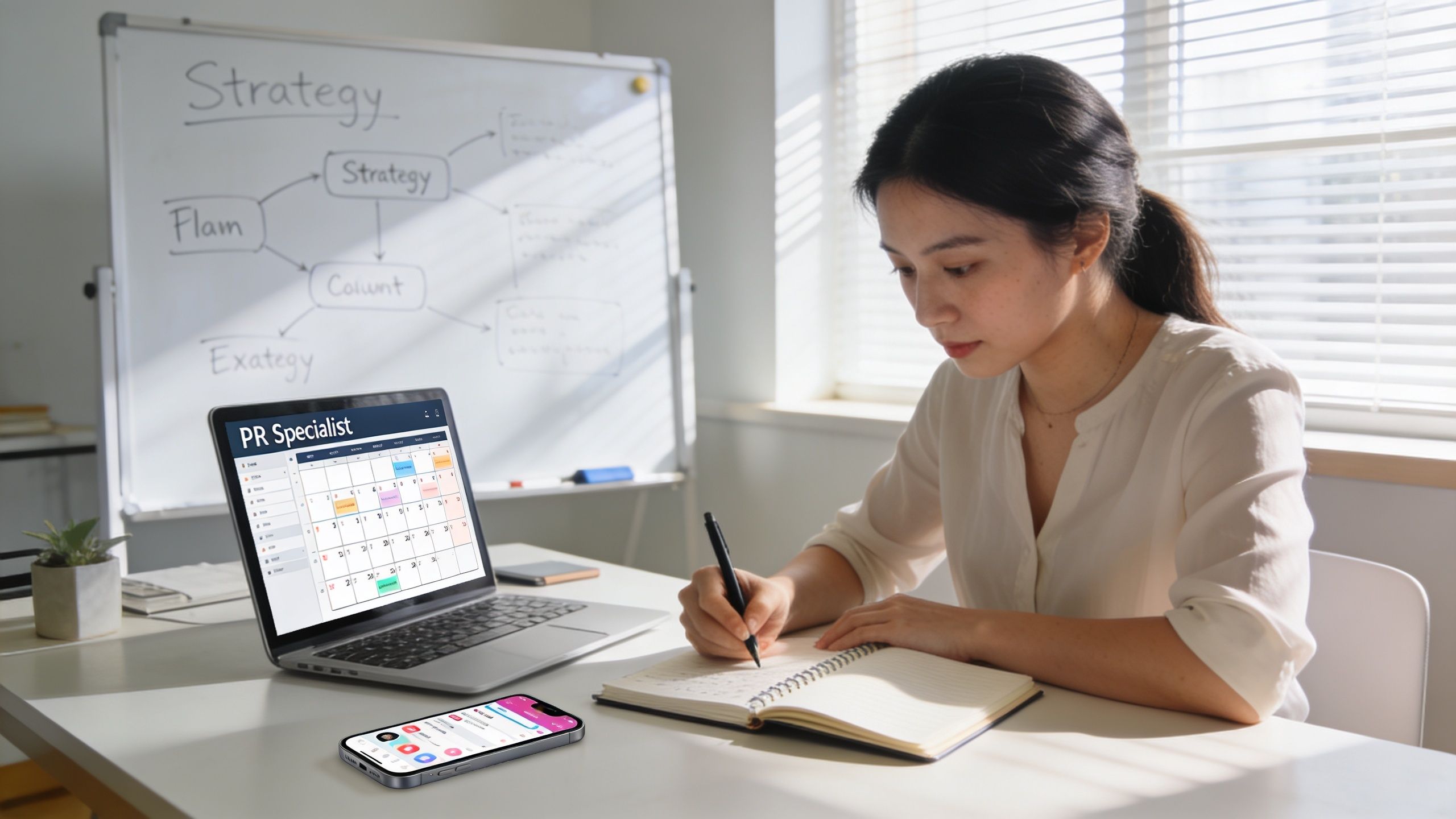 A professional PR specialist working at her desk with a laptop, smartphone, and notebook in an office.
