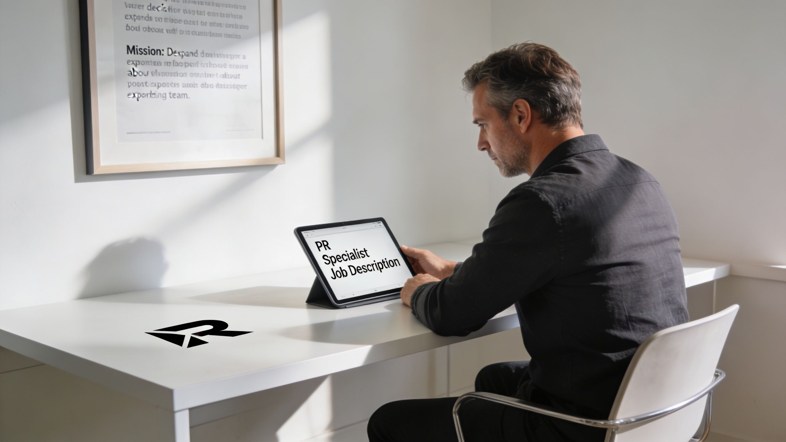 A man in a black shirt reviewing a PR Specialist job description on a tablet in an office.