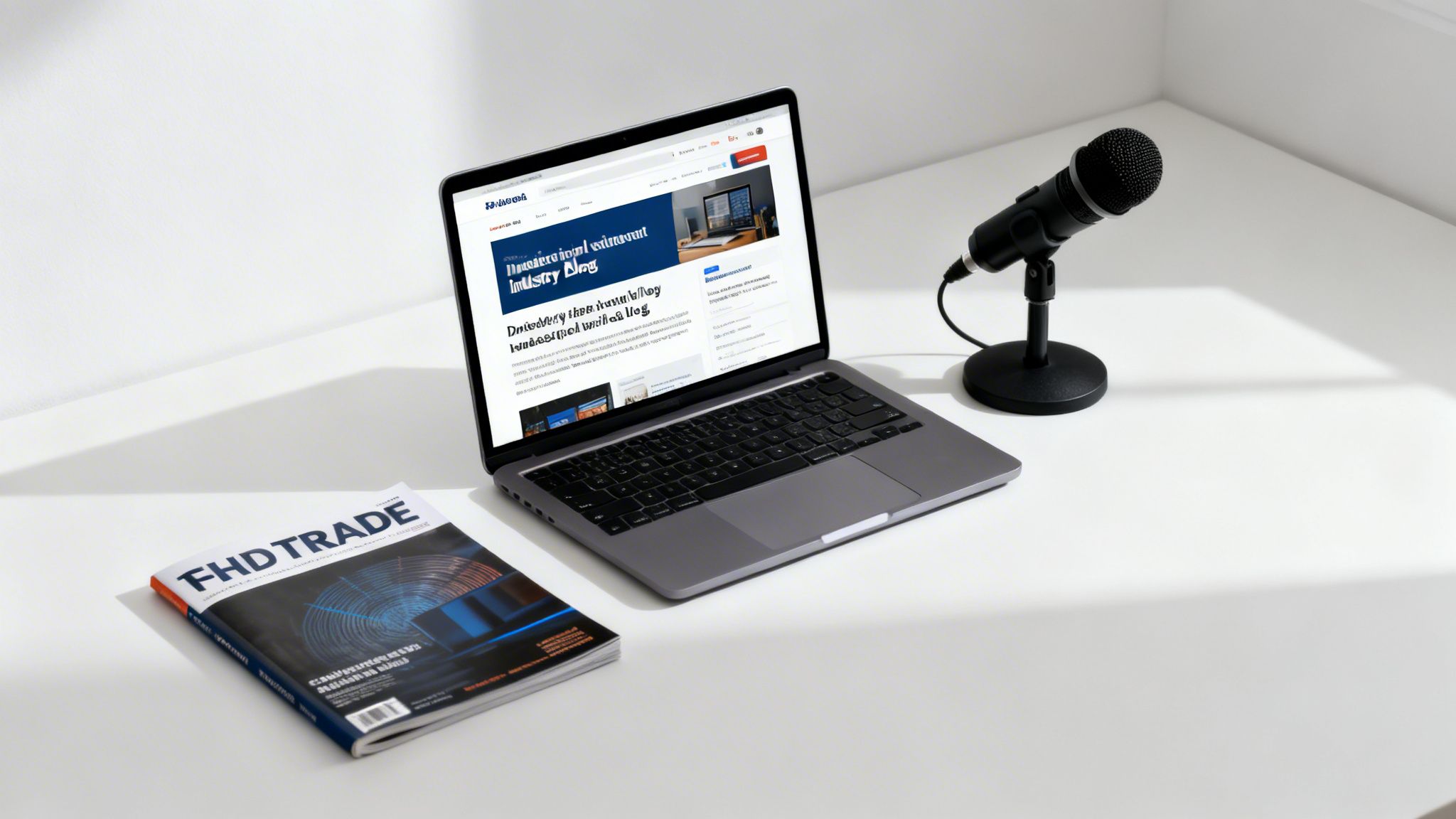 A modern workspace with a laptop, microphone, and a magazine, ideal for a media outlet.