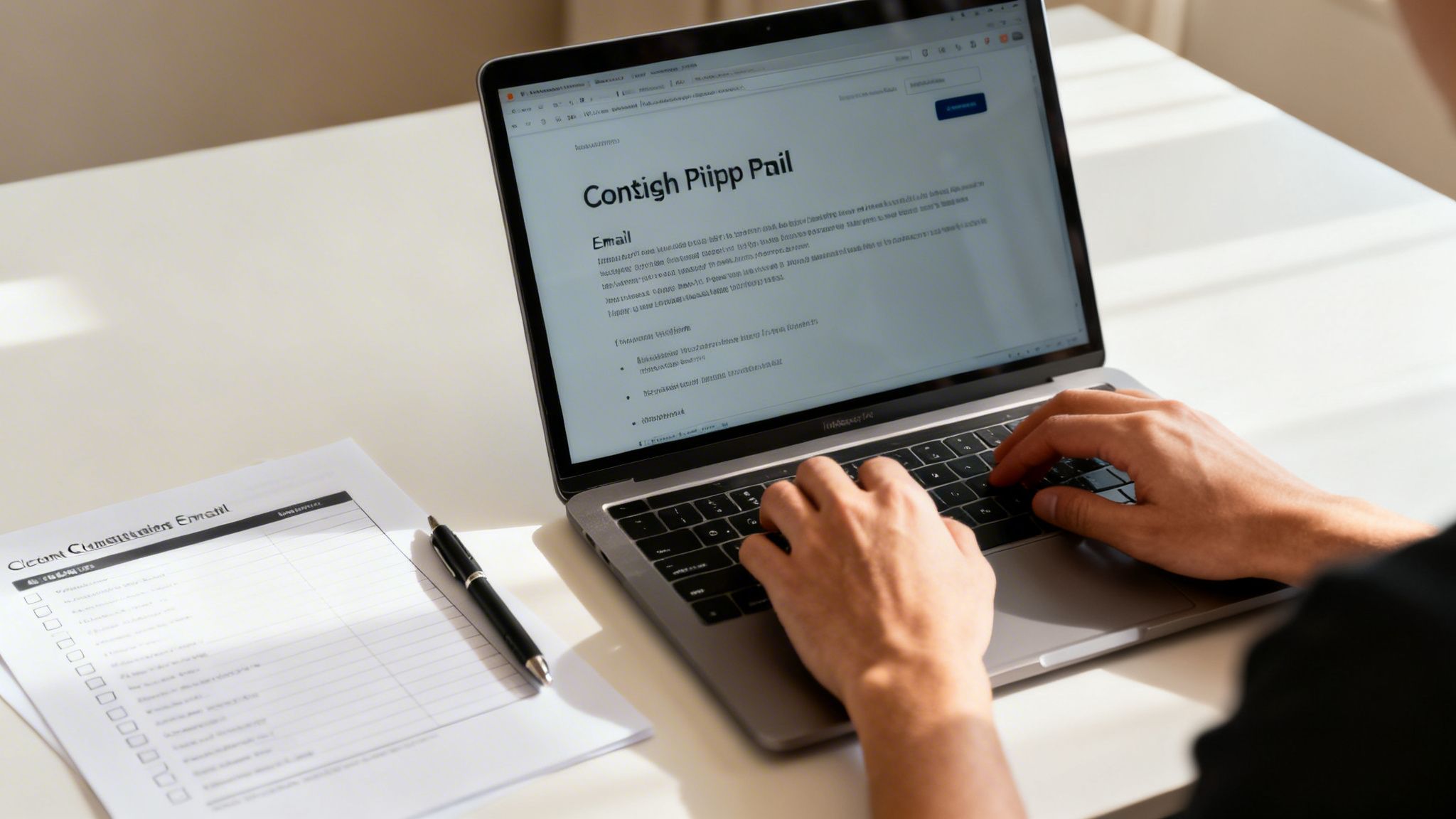 A person types on a laptop next to a checklist and pen on a bright desk.