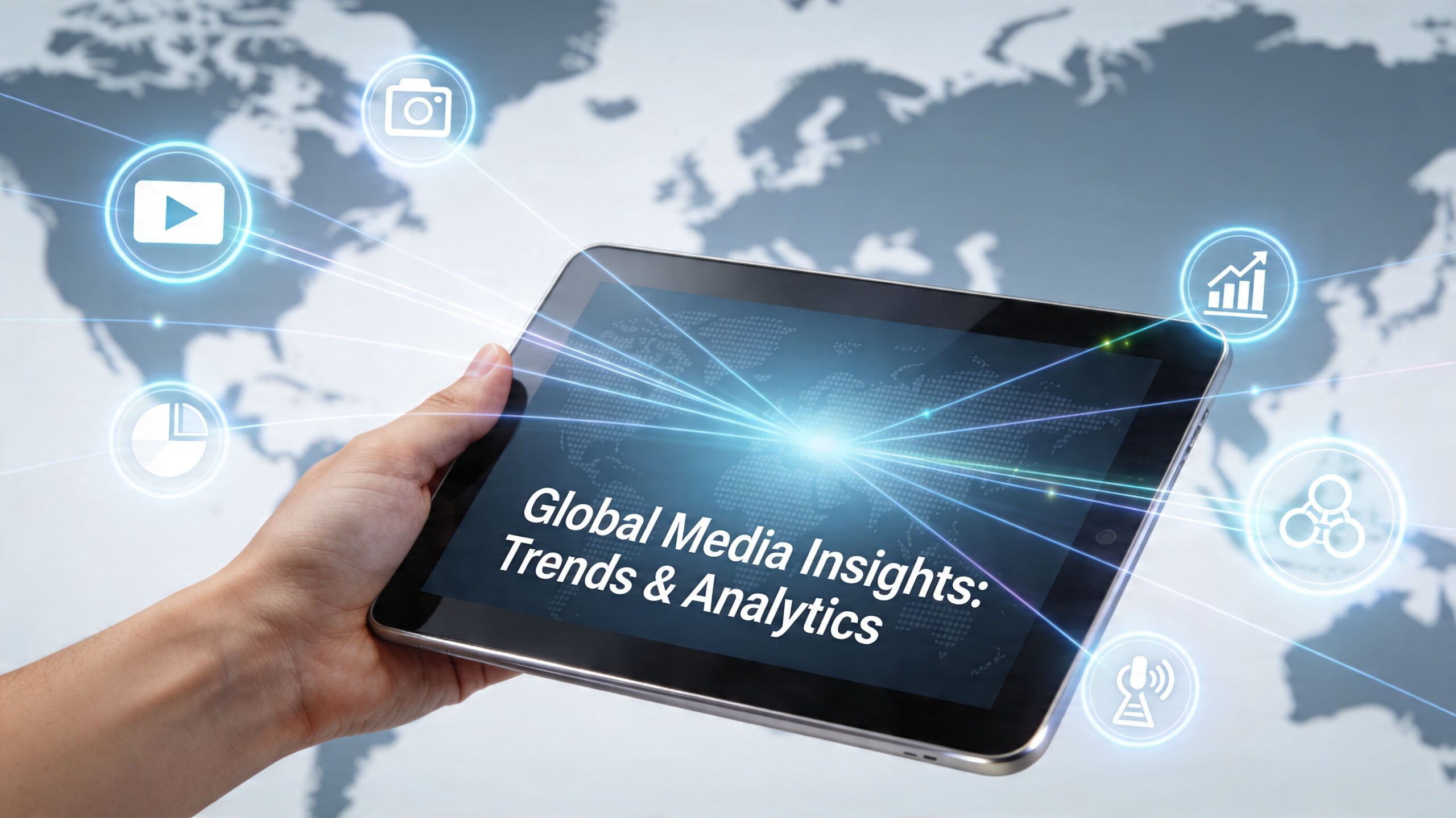 A hand holding a tablet displaying Global Media Insights with glowing network icons against a map background.