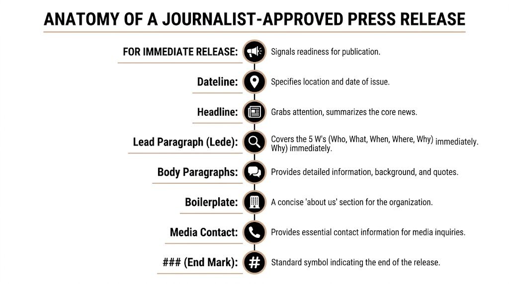 An infographic detailing the essential components required to create a professional journalist-approved press release.