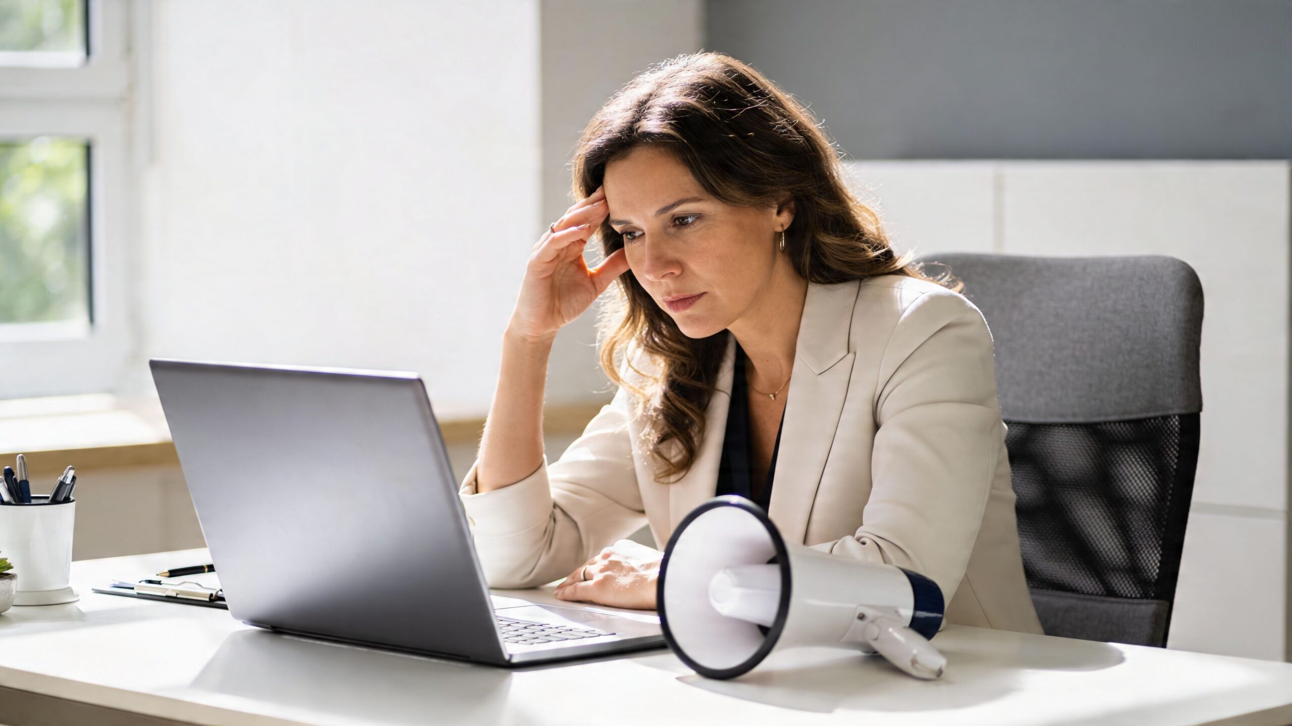 A businesswoman appearing stressed while working on her laptop in a professional office setting with a megaphone.