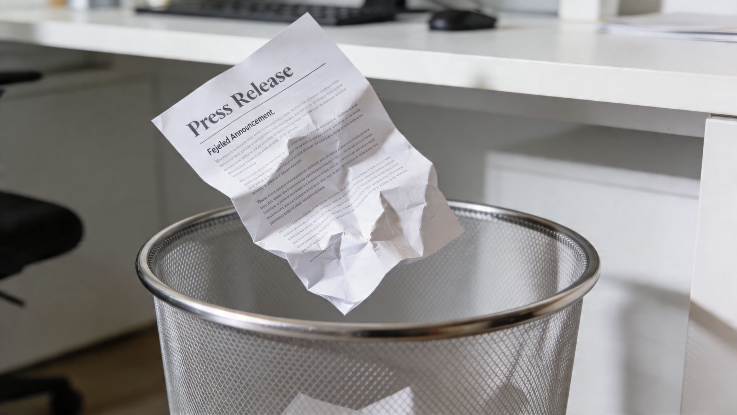 A crumpled paper titled Press Release being tossed into a silver wire mesh wastebasket under a desk.