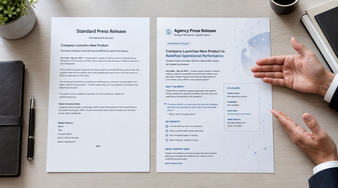 A professional desk workspace with two printed press release documents and hands gesturing towards them.