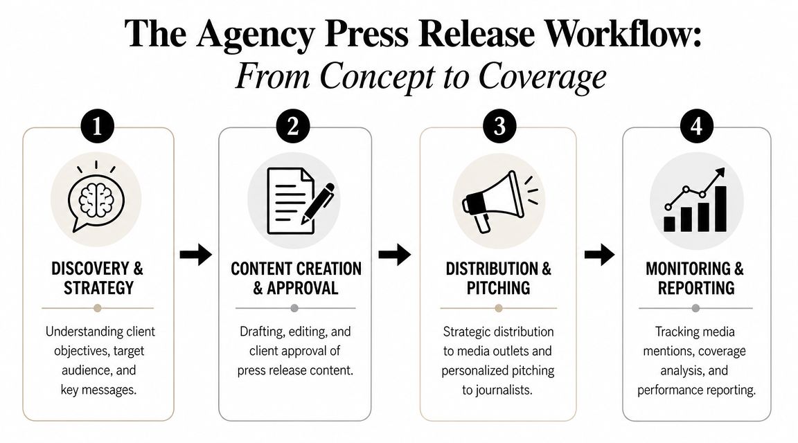 A four-step infographic illustrating the professional agency press release workflow from discovery to monitoring results.